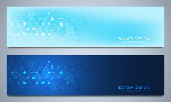 Banners modelo de design para cuidados de saúde e decoração médica com ícones planos e símbolos. Conceito de ciência, medicina e tecnologia da inovação. — Vetor de Stock