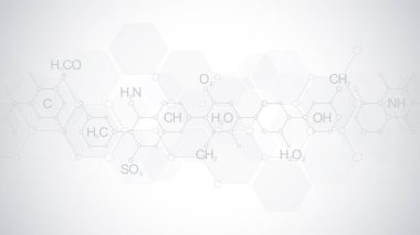 Kimyasal formüller ve moleküler yapılar içeren yumuşak gri arka planda soyut kimya kalıbı. Bilim ve yenilik teknolojisi konsepti ve fikri olan şablon tasarımı.