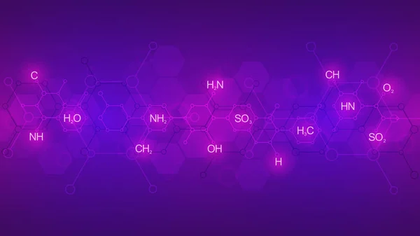 Abstraktes chemisches Muster auf violettem Hintergrund mit chemischen Formeln und molekularen Strukturen. Konzept für Wissenschaft und Innovationstechnologie. — Stockfoto