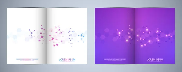 Plantilla de folleto doble o libro de portada, diseño de página, diseño de volante con fondo abstracto de estructura molecular y hebra de ADN. Concepto e idea para la innovación tecnología, medicina, ciencia — Archivo Imágenes Vectoriales