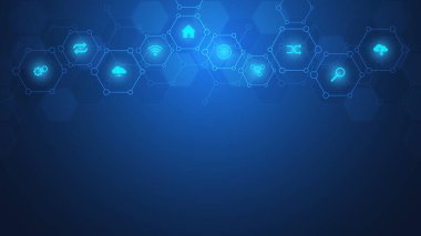 Düz simgeler ve sembollerle donatılmış teknoloji geçmişi. Nesnelerin konsepti ve fikri, iletişim, ağ, yenilik teknolojisi, sistem entegrasyonu.