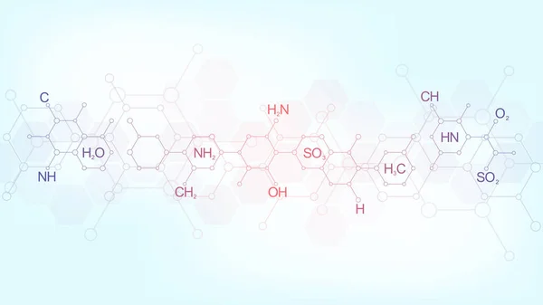 Abstrakcyjny wzór chemiczny na niebieskim tle ze wzorami chemicznymi i strukturami molekularnymi. Projektowanie szablonów z koncepcją i pomysłem na technologię nauki i innowacji. — Zdjęcie stockowe
