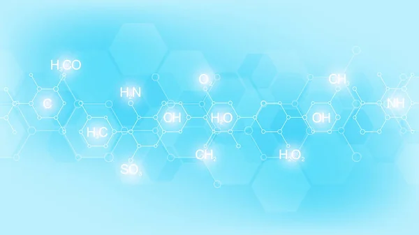 Abstrakcyjny wzór chemiczny na niebieskim tle ze wzorami chemicznymi i strukturami molekularnymi. Projektowanie szablonów z koncepcją i pomysłem na technologię nauki i innowacji. — Zdjęcie stockowe