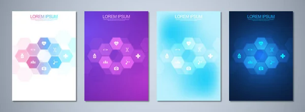 Conjunto de folletos de plantilla o libro de portada, diseño de página, diseño de folleto. Concepto e idea para el negocio de la salud, medicina de la innovación, farmacia, tecnología. Fondo médico con iconos y símbolos planos — Archivo Imágenes Vectoriales