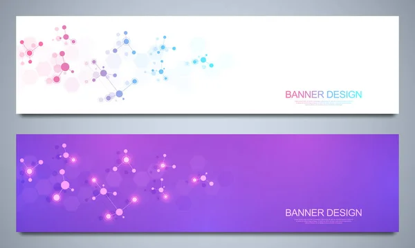 Banners modelo de design com estruturas moleculares e rede neural. Moléculas abstratas e formação em engenharia genética. Conceito de tecnologia de ciência e inovação. —  Vetores de Stock