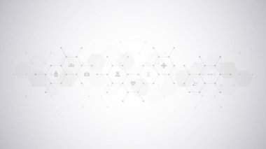 Düz simgeler ve sembollerle tıbbi arka plan. Sağlık teknolojisi, yenilikçi tıp, sağlık, bilim ve araştırma için kavram ve fikir içeren şablon tasarımı.