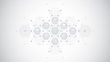 Düz simgeler ve sembollerle donatılmış teknolojik bilgi arka planı. Şeylerin internet, iletişim, ağ, yenilik teknolojisi, sistem entegrasyonu kavramı ve fikri.