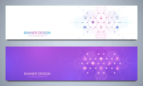 Banners modelo de design para cuidados de saúde e decoração médica com ícones planos e símbolos. Conceito de ciência, medicina e tecnologia da inovação. — Vetor de Stock