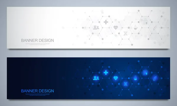 Modèle de conception de bannières pour la santé et la décoration médicale avec des icônes plates et des symboles. Science, médecine et innovation concept technologique. — Image vectorielle