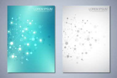 Şablon broşürü veya kapak kitabı, sayfa düzeni, moleküler yapılar ve DNA iplikçiklerinin soyut arka planına sahip el ilanı tasarımı. Yenilik teknolojisi, tıbbi araştırma, bilim kavramı ve fikri.