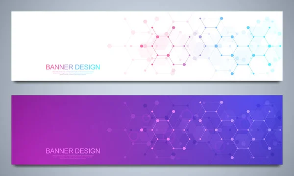 Plantillas de diseño de banners y encabezados para sitios con estructuras moleculares de fondo e ingeniería química. Ciencia, medicina e innovación Concepto tecnológico. — Vector de stock