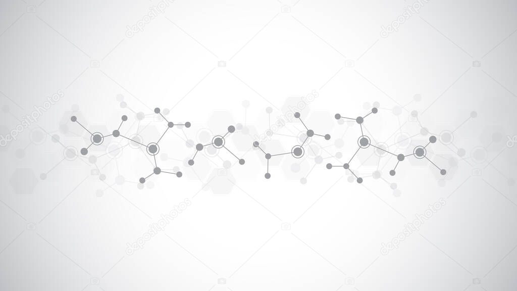 Abstract background of molecular structures. Molecules or DNA strand, genetic engineering, neural network, innovation technology, scientific research. Technological, science and medicine concept.