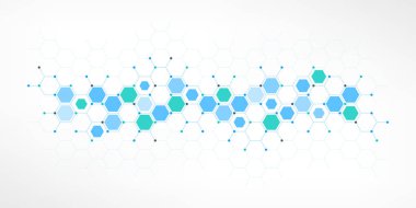 Genetik mühendisliği ve moleküler yapı, altıgen DNA ağı, bilim kimyasalı ve biyoteknoloji konsepti, yenilik teknolojisi, sağlık ve tıp tasarımı. Vektör illüstrasyonu