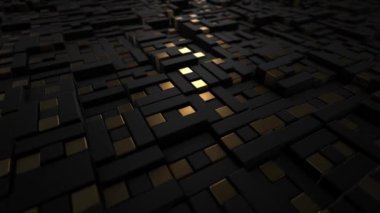 Koyu siyah ve altın soyut bir zemin ve bir sürü rastgele yüzen üç boyutlu bloklar. İş, finans ve ticari başarı için gerçekçi bir duvar kağıdı. 3D Hazırlama, Video 4k, 60fps