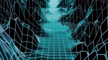 Pırıl pırıl yüzeyi ve dijital kablo çerçeveli dağları olan fütüristik 3D ızgara manzaranın döngülü animasyonu. Neon parlak retro dalga vadisi arka planında soyut siber uzay arazisi var. VJ döngüsü, 4K 60fps