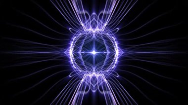 Radyasyon enerji hatları simetrik ruhani şekil oluşturan fütüristik parlayan soyut arka plan. Parlak neon ışık dalgalarıyla gerçeküstü ruhsal enerji akışı animasyonu. Hareket grafikleri 4K 30fps