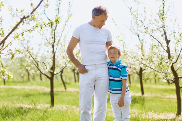 Padre e figlio si abbracciano in giardino nella primavera dell'estate . — Foto Stock