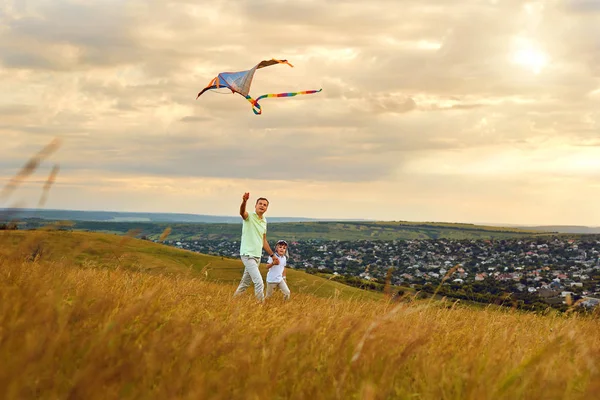 Apa Fia Játszik Kite Természetben Nyáron Apák Napja — Stock Fotó