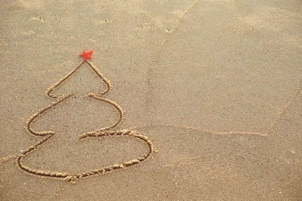 Painted Christmas tree in the sand on the beach. — Stock Photo, Image