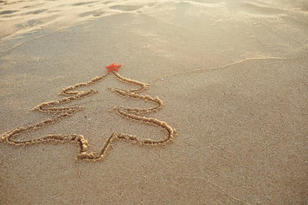 Bemalter Weihnachtsbaum im Sand am Strand. — Stockfoto