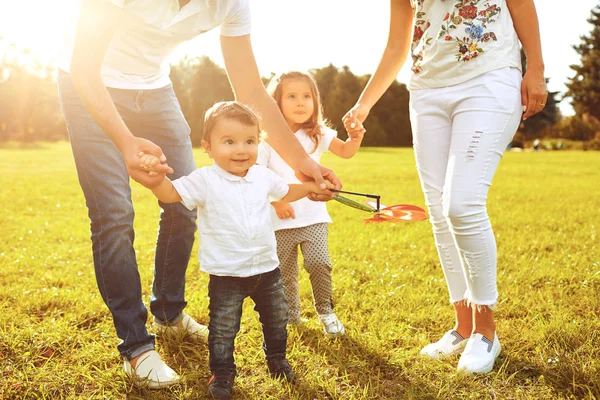 Rodziny z dziećmi, gra na trawie w parku w lecie. — Zdjęcie stockowe