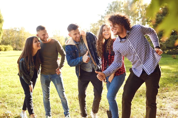 Gruppe glücklicher Freunde spaziert durch den Park. — Stockfoto