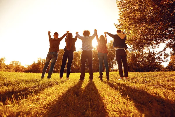People standing with arms raised on meadow — Stock Photo, Image