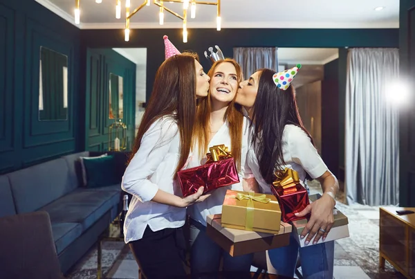 Girls friend congratulate gifts for a birthday party