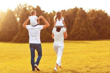 Arkadan görüntüleyin. Çocuklu bir aile bir parkta çim üzerinde yürüme .