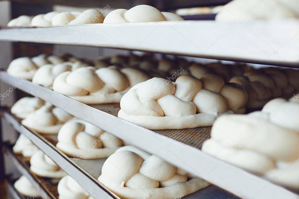 Fresh bread on trays before baking in the oven at the bakery
