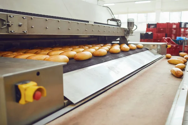 Linha de produção de padaria automática com pão na fábrica de panificação — Fotografia de Stock