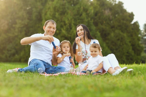 Щаслива сім'я весело грає з мильними бульбашками на траві в парку . — стокове фото