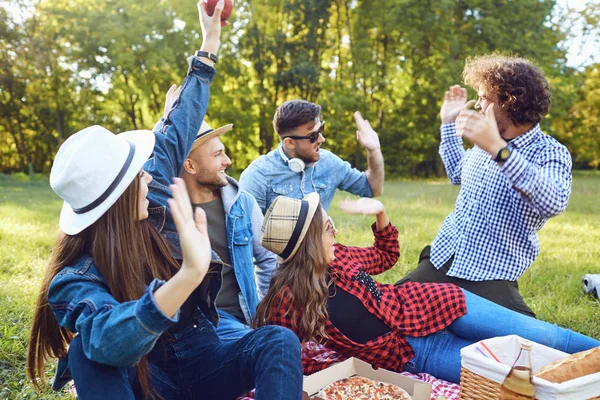Група людей, що сидять на траві на пікніку . — стокове фото