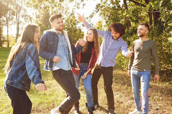 Group of happy friends are walking in the park.