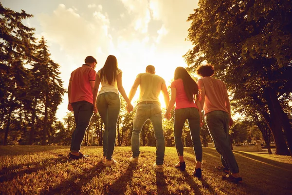 Um grupo de pessoas felizes ao pôr do sol sobre a natureza . — Fotografia de Stock