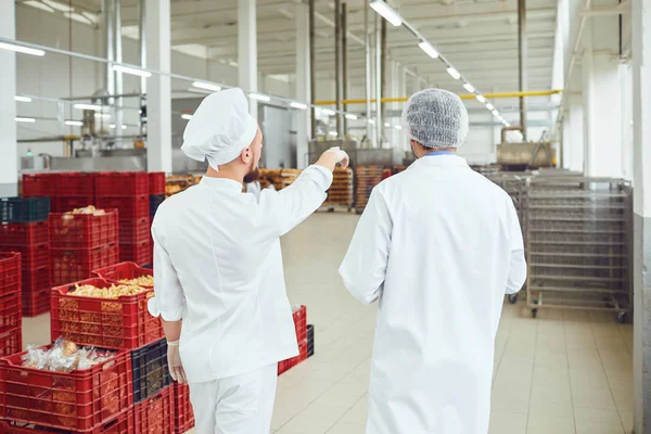 Teknologen och bagaren talar i en bröd fabrik. — Stockfoto