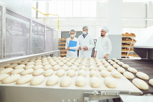 Tecnólogo y panadero inspeccionan la línea de producción de pan en la panadería — Foto de Stock