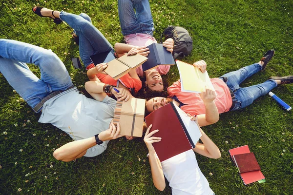 Jonge mensen lachen terwijl ze op het gras liggen — Stockfoto