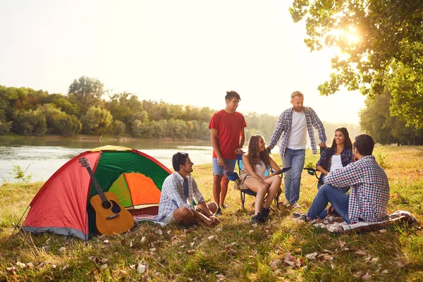 Skupina přátel má na podzim piknik v lese.. — Stock fotografie
