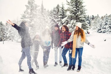 Uçan kardaki arkadaşlar ormanda yan yana durur.