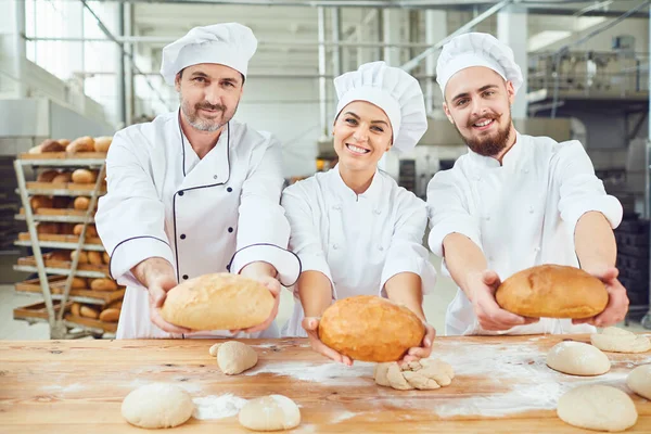 Padeiros segurar pão em suas mãos na padaria . — Fotografia de Stock