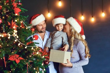Aile Noel ağacını Noel 'de evde süslüyor.