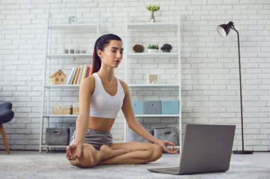 Evde spor salonunda. Evde yoga ya da meditasyon yapan güzel bir kız dizüstü bilgisayardaki video dersini takip ediyor.