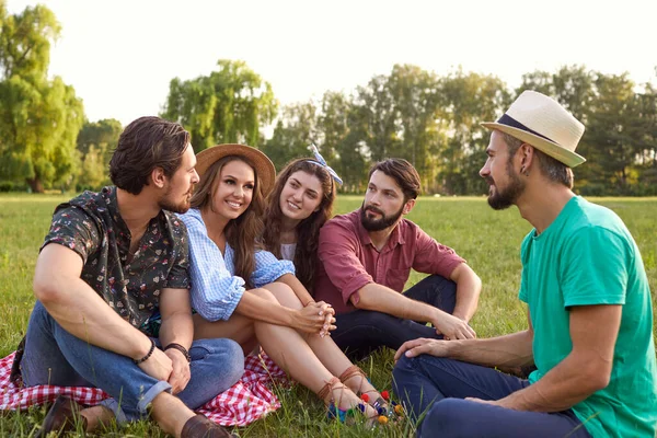 Grupo de amigos sentados en una manta de picnic, hablando y divirtiéndose. Jóvenes en vacaciones de verano en el campo — Foto de Stock