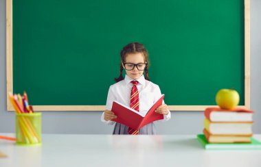 Okula dönelim. Meşgul bir liseli kız sınıfta okul tahtasının önünde dururken büyük bir kitap okuyor..