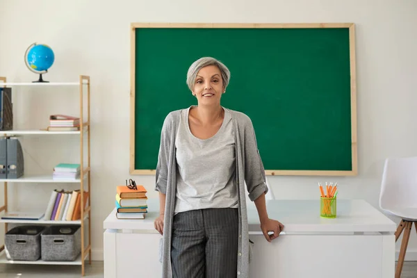 Un insegnante con i capelli grigi insegna in piedi in una classe scolastica — Foto Stock