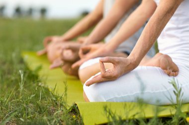 Doğada yoga. Nilüfer pozisyonundaki bir çiftin elleri çimlerin üzerinde yoga minderinde oturuyor..