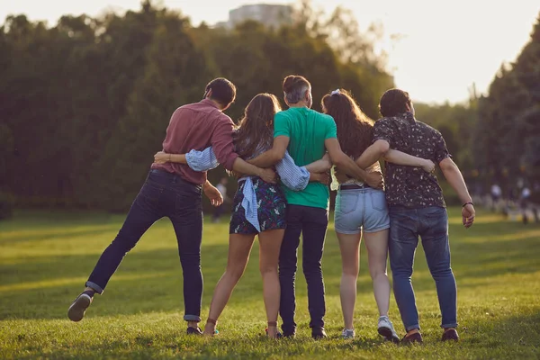 Vriendelijke mensen die plezier hebben met knuffelen in zomerpark. Achteraanzicht. — Stockfoto