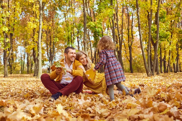 Family playing with a baby in the park in autumn. — Stock Photo, Image