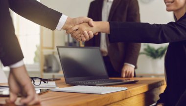 İş ortakları başarılı bir anlaşma yapıyor ve el sıkışarak işbirliği yapıyorlar.